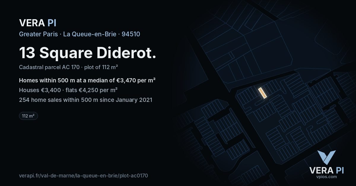 13 Square Diderot, La Queue-en-Brie at night – the plot lit, the parcels around coloured by the prices near them
