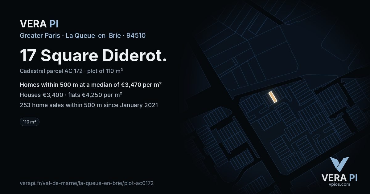 17 Square Diderot, La Queue-en-Brie at night – the plot lit, the parcels around coloured by the prices near them