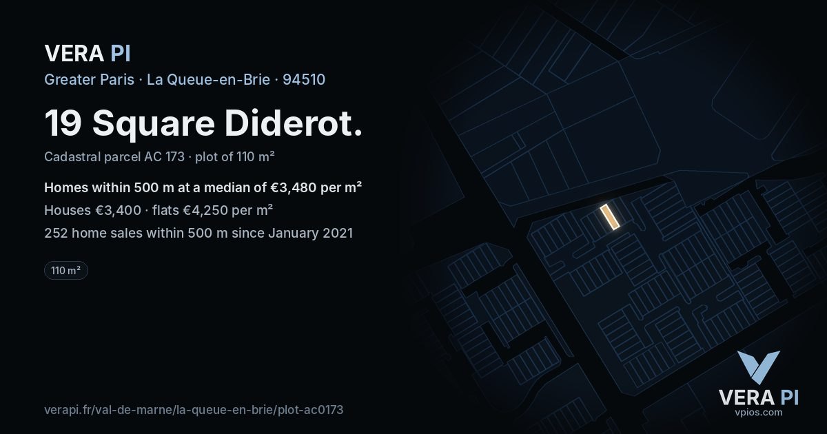 19 Square Diderot, La Queue-en-Brie at night – the plot lit, the parcels around coloured by the prices near them