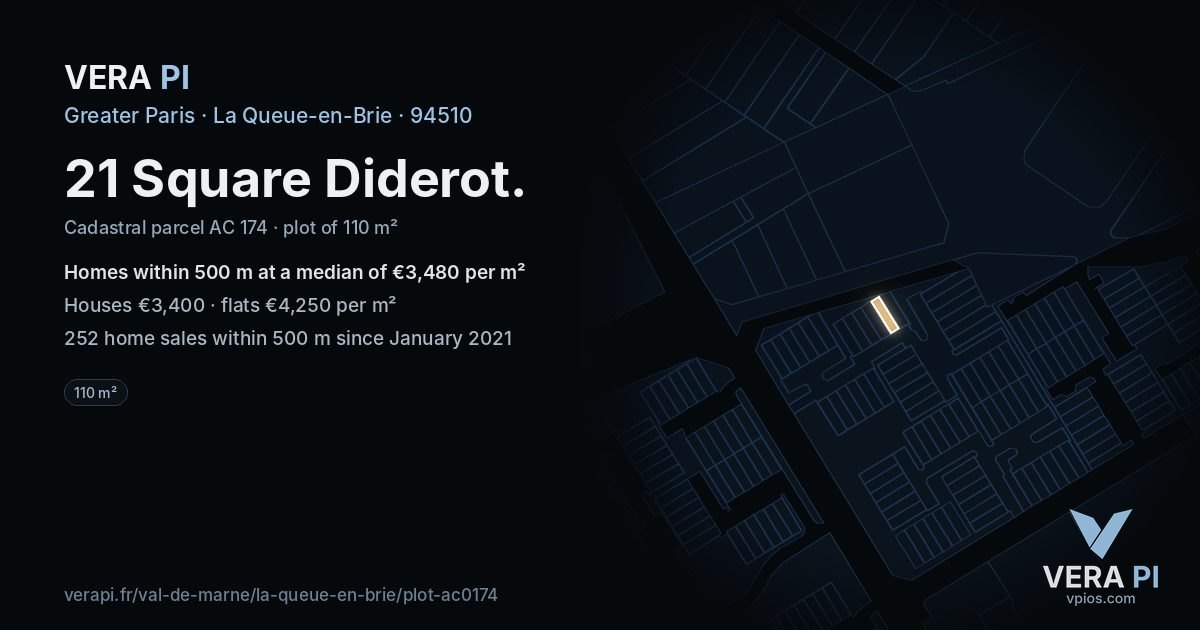 21 Square Diderot, La Queue-en-Brie at night – the plot lit, the parcels around coloured by the prices near them