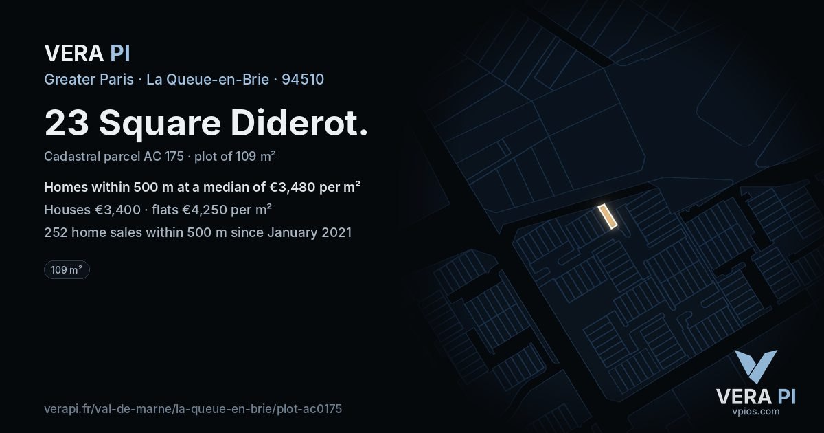 23 Square Diderot, La Queue-en-Brie at night – the plot lit, the parcels around coloured by the prices near them