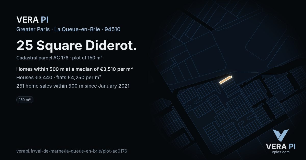 25 Square Diderot, La Queue-en-Brie at night – the plot lit, the parcels around coloured by the prices near them