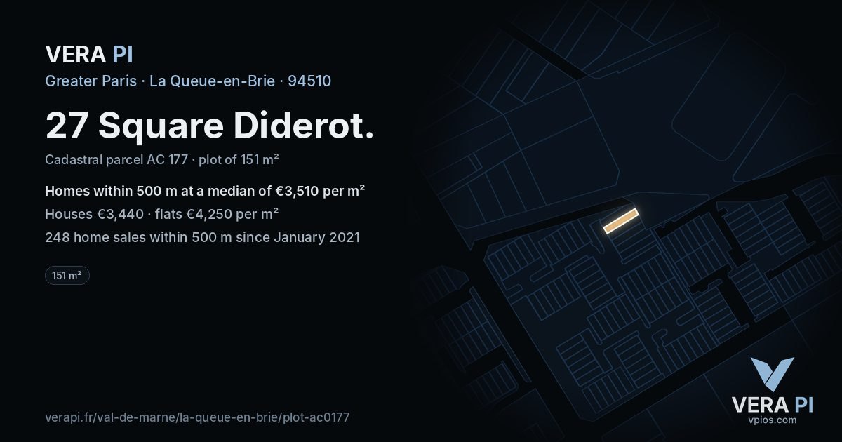 27 Square Diderot, La Queue-en-Brie at night – the plot lit, the parcels around coloured by the prices near them