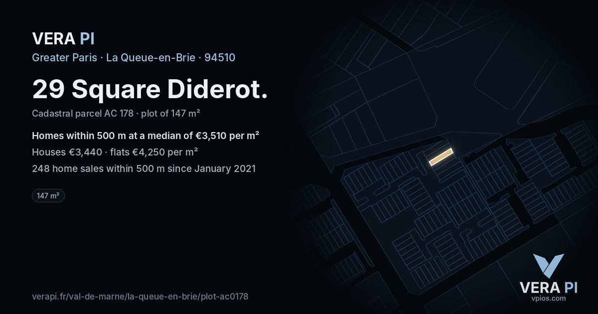 29 Square Diderot, La Queue-en-Brie at night – the plot lit, the parcels around coloured by the prices near them