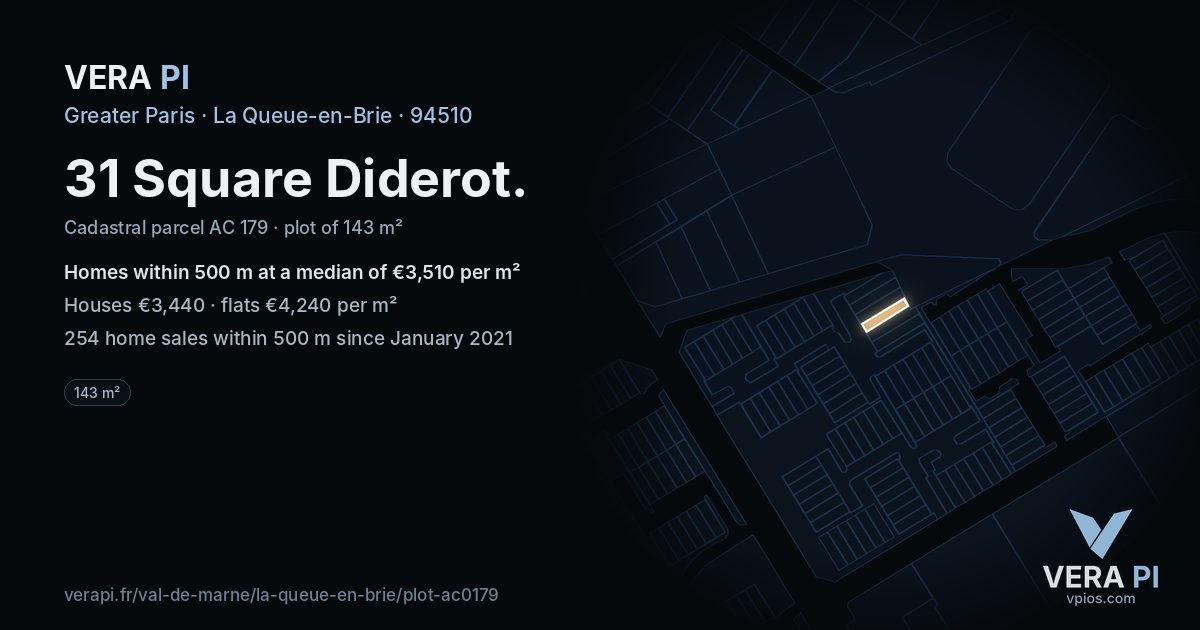 31 Square Diderot, La Queue-en-Brie at night – the plot lit, the parcels around coloured by the prices near them
