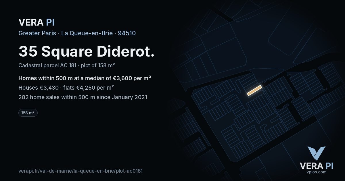 35 Square Diderot, La Queue-en-Brie at night – the plot lit, the parcels around coloured by the prices near them