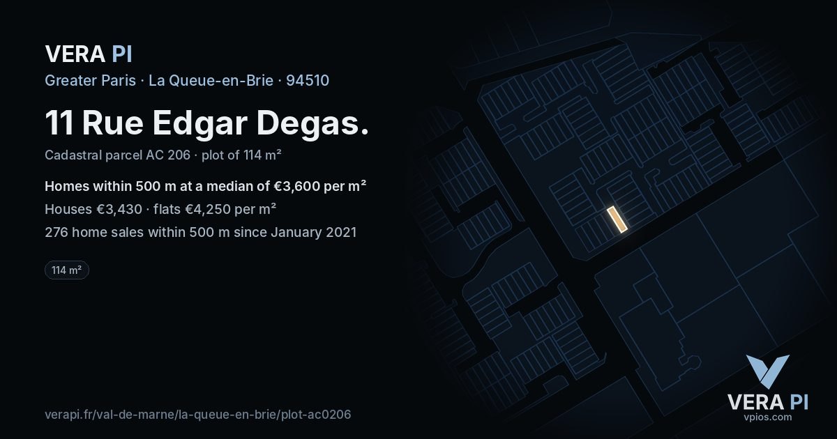 11 Rue Edgar Degas, La Queue-en-Brie at night – the plot lit, the parcels around coloured by the prices near them
