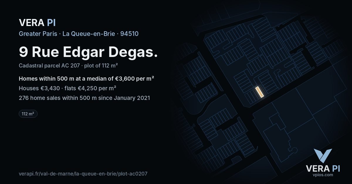 9 Rue Edgar Degas, La Queue-en-Brie at night – the plot lit, the parcels around coloured by the prices near them