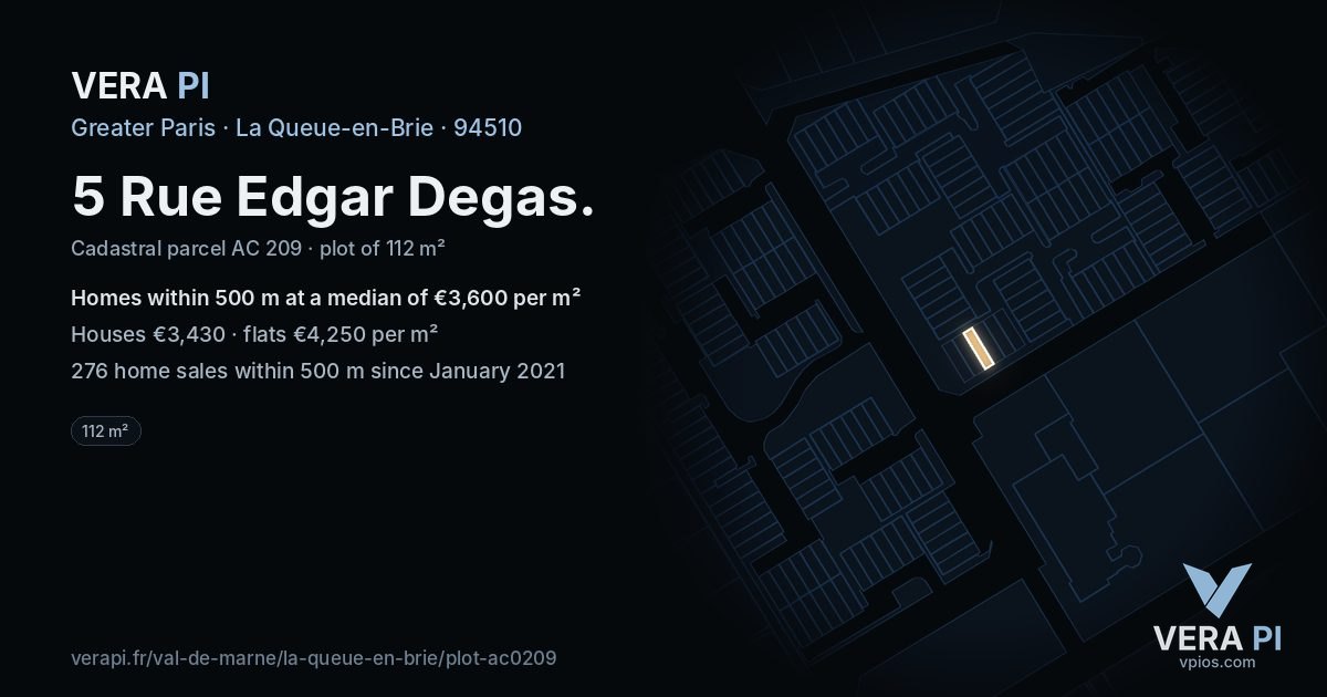 5 Rue Edgar Degas, La Queue-en-Brie at night – the plot lit, the parcels around coloured by the prices near them