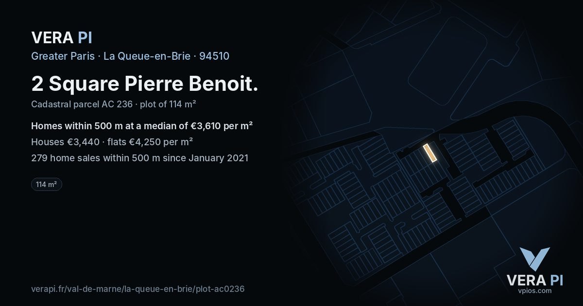 2 Square Pierre Benoit, La Queue-en-Brie at night – the plot lit, the parcels around coloured by the prices near them