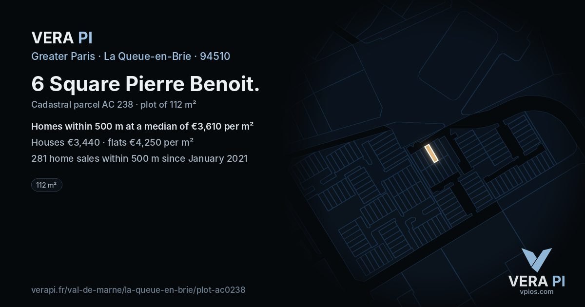 6 Square Pierre Benoit, La Queue-en-Brie at night – the plot lit, the parcels around coloured by the prices near them