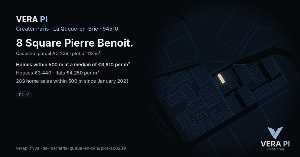 8 Square Pierre Benoit, La Queue-en-Brie at night – the plot lit, the parcels around coloured by the prices near them