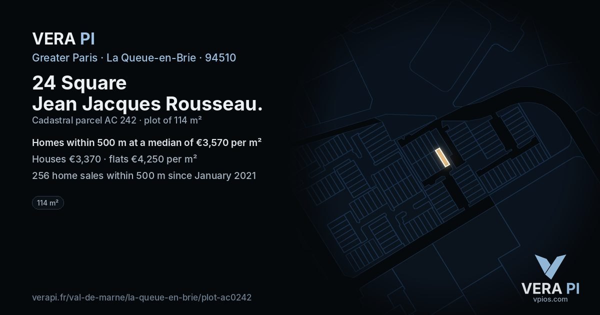 24 Square Jean Jacques Rousseau, La Queue-en-Brie at night – the plot lit, the parcels around coloured by the prices near them