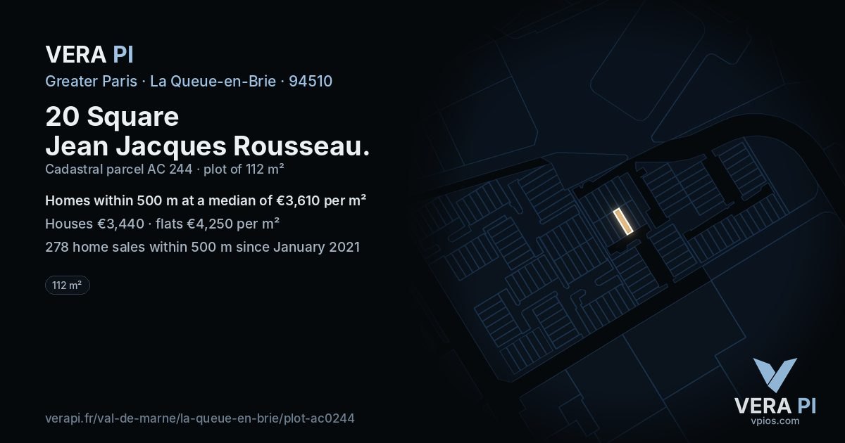 20 Square Jean Jacques Rousseau, La Queue-en-Brie at night – the plot lit, the parcels around coloured by the prices near them