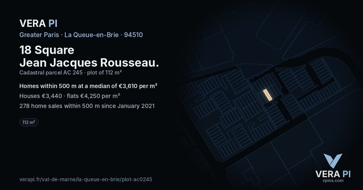 18 Square Jean Jacques Rousseau, La Queue-en-Brie at night – the plot lit, the parcels around coloured by the prices near them
