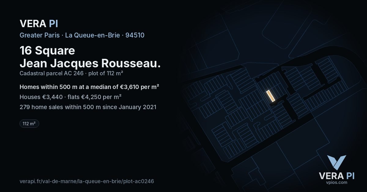 16 Square Jean Jacques Rousseau, La Queue-en-Brie at night – the plot lit, the parcels around coloured by the prices near them