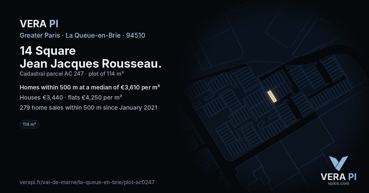 14 Square Jean Jacques Rousseau, La Queue-en-Brie at night – the plot lit, the parcels around coloured by the prices near them