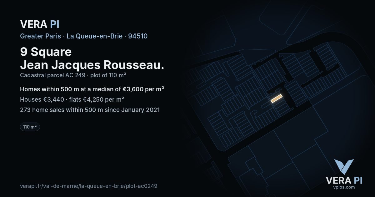 9 Square Jean Jacques Rousseau, La Queue-en-Brie at night – the plot lit, the parcels around coloured by the prices near them