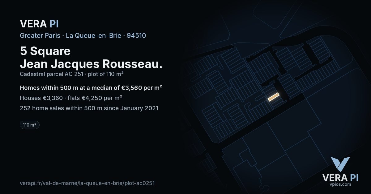 5 Square Jean Jacques Rousseau, La Queue-en-Brie at night – the plot lit, the parcels around coloured by the prices near them