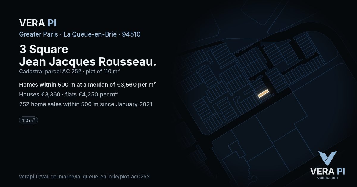 3 Square Jean Jacques Rousseau, La Queue-en-Brie at night – the plot lit, the parcels around coloured by the prices near them
