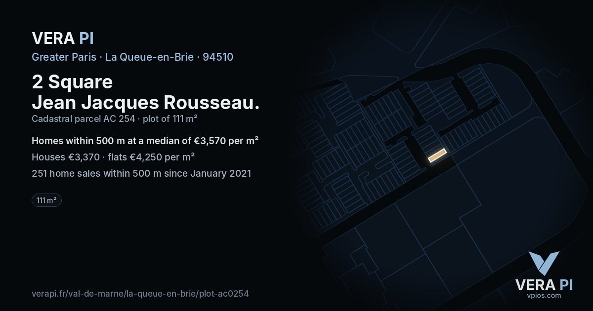 2 Square Jean Jacques Rousseau, La Queue-en-Brie at night – the plot lit, the parcels around coloured by the prices near them