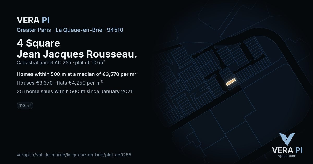 4 Square Jean Jacques Rousseau, La Queue-en-Brie at night – the plot lit, the parcels around coloured by the prices near them