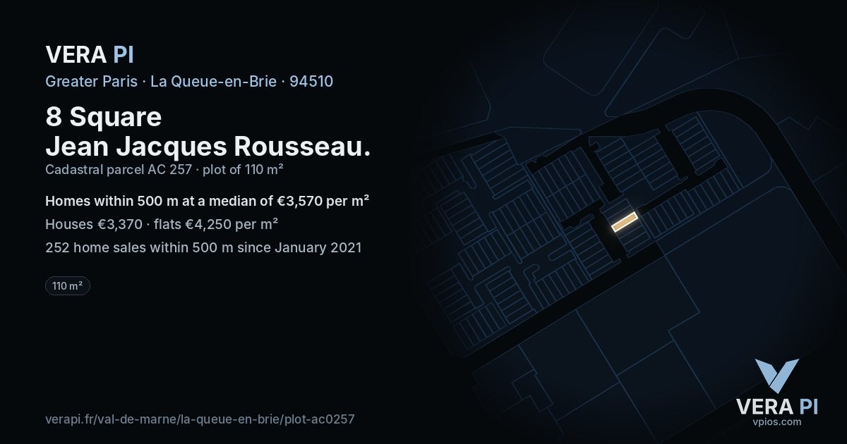 8 Square Jean Jacques Rousseau, La Queue-en-Brie at night – the plot lit, the parcels around coloured by the prices near them