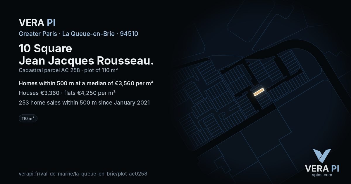 10 Square Jean Jacques Rousseau, La Queue-en-Brie at night – the plot lit, the parcels around coloured by the prices near them