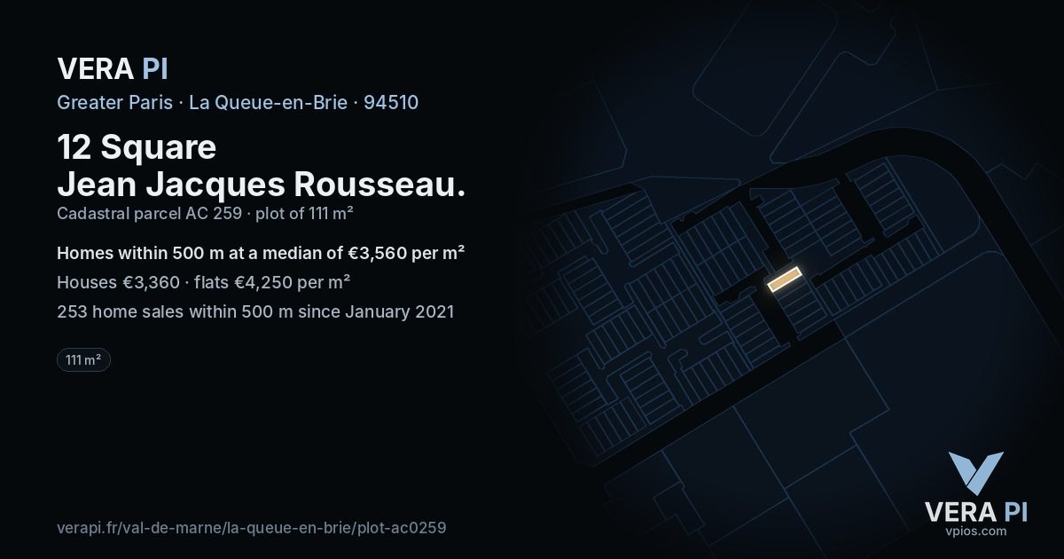 12 Square Jean Jacques Rousseau, La Queue-en-Brie at night – the plot lit, the parcels around coloured by the prices near them