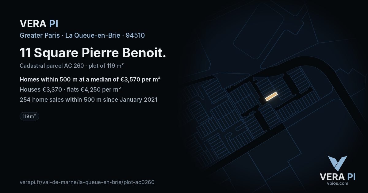 11 Square Pierre Benoit, La Queue-en-Brie at night – the plot lit, the parcels around coloured by the prices near them