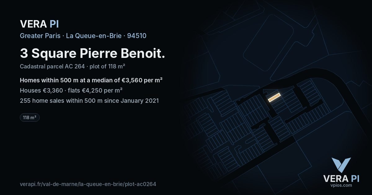 3 Square Pierre Benoit, La Queue-en-Brie at night – the plot lit, the parcels around coloured by the prices near them