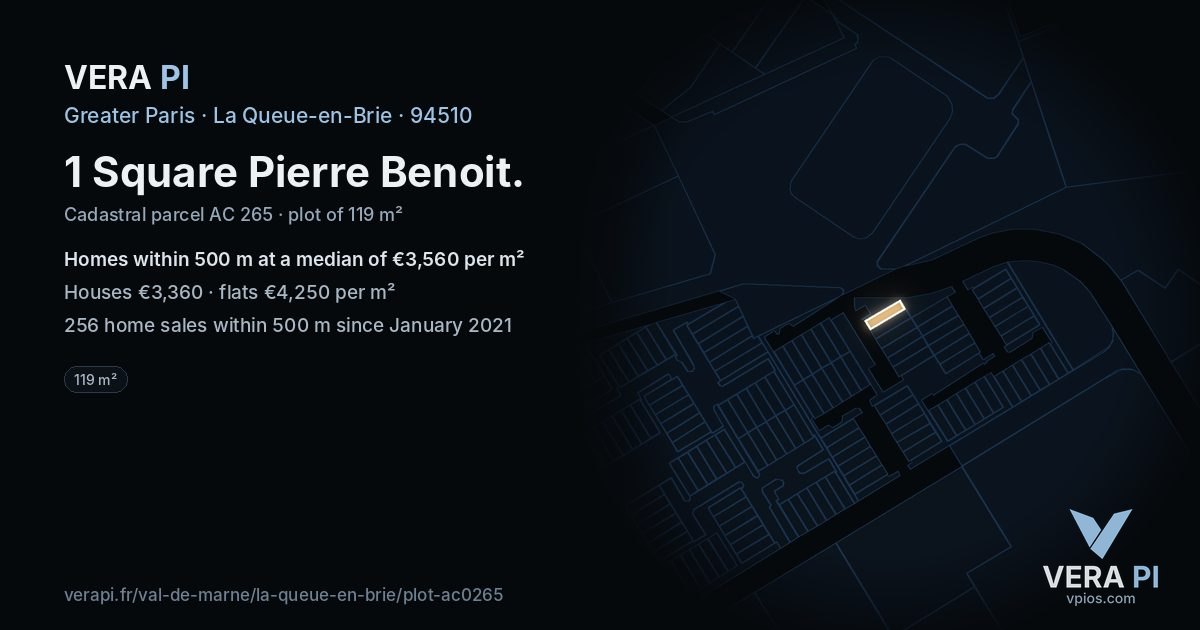 1 Square Pierre Benoit, La Queue-en-Brie at night – the plot lit, the parcels around coloured by the prices near them