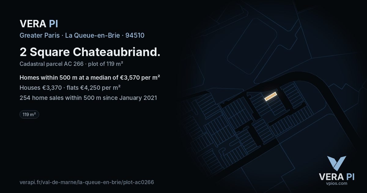 2 Square Chateaubriand, La Queue-en-Brie at night – the plot lit, the parcels around coloured by the prices near them