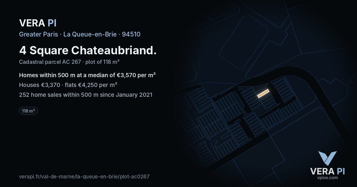 4 Square Chateaubriand, La Queue-en-Brie at night – the plot lit, the parcels around coloured by the prices near them