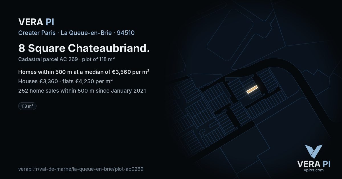 8 Square Chateaubriand, La Queue-en-Brie at night – the plot lit, the parcels around coloured by the prices near them