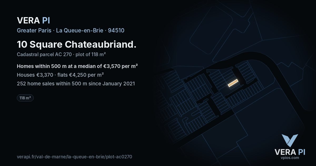 10 Square Chateaubriand, La Queue-en-Brie at night – the plot lit, the parcels around coloured by the prices near them
