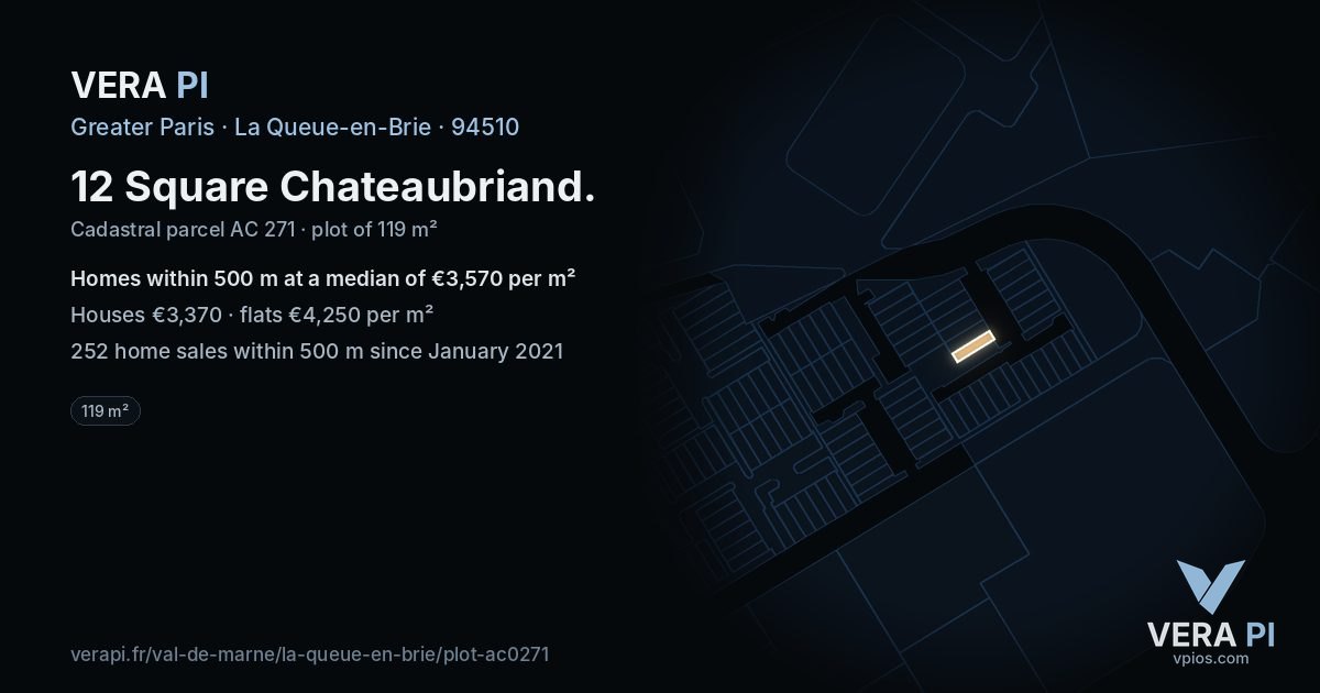 12 Square Chateaubriand, La Queue-en-Brie at night – the plot lit, the parcels around coloured by the prices near them