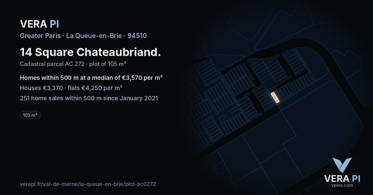 14 Square Chateaubriand, La Queue-en-Brie at night – the plot lit, the parcels around coloured by the prices near them