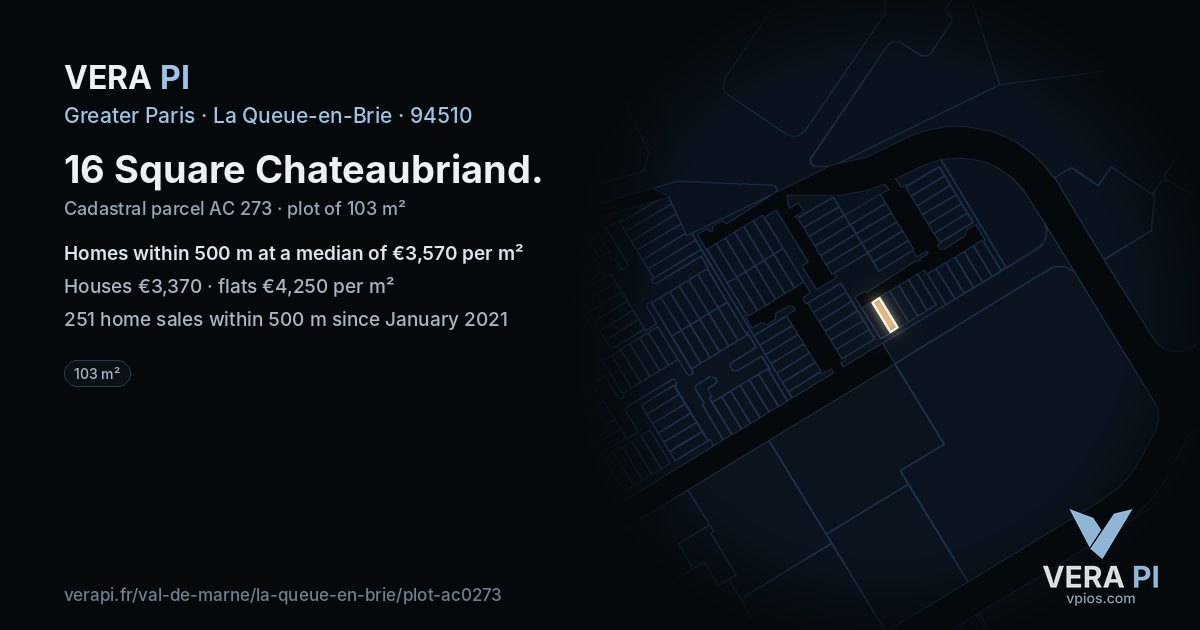 16 Square Chateaubriand, La Queue-en-Brie at night – the plot lit, the parcels around coloured by the prices near them