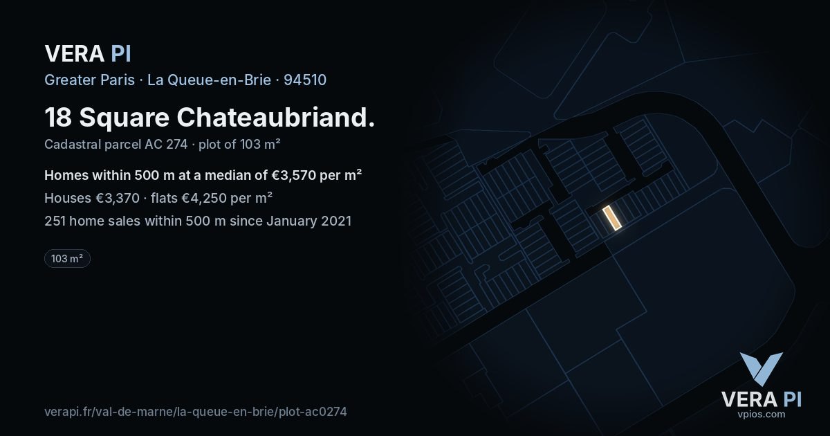 18 Square Chateaubriand, La Queue-en-Brie at night – the plot lit, the parcels around coloured by the prices near them