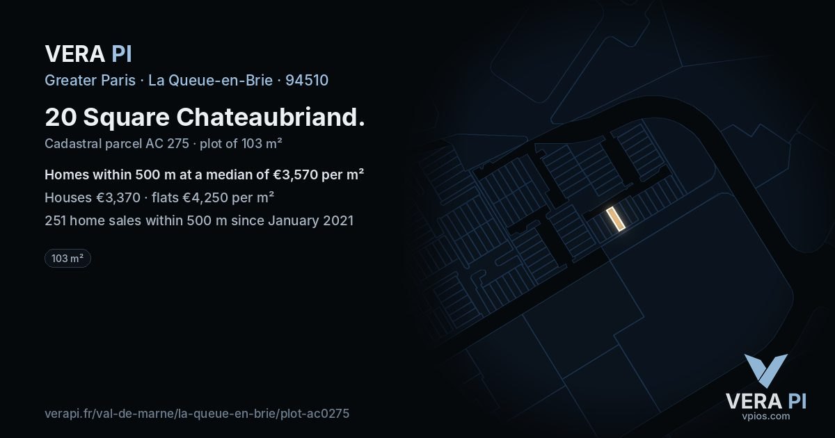 20 Square Chateaubriand, La Queue-en-Brie at night – the plot lit, the parcels around coloured by the prices near them