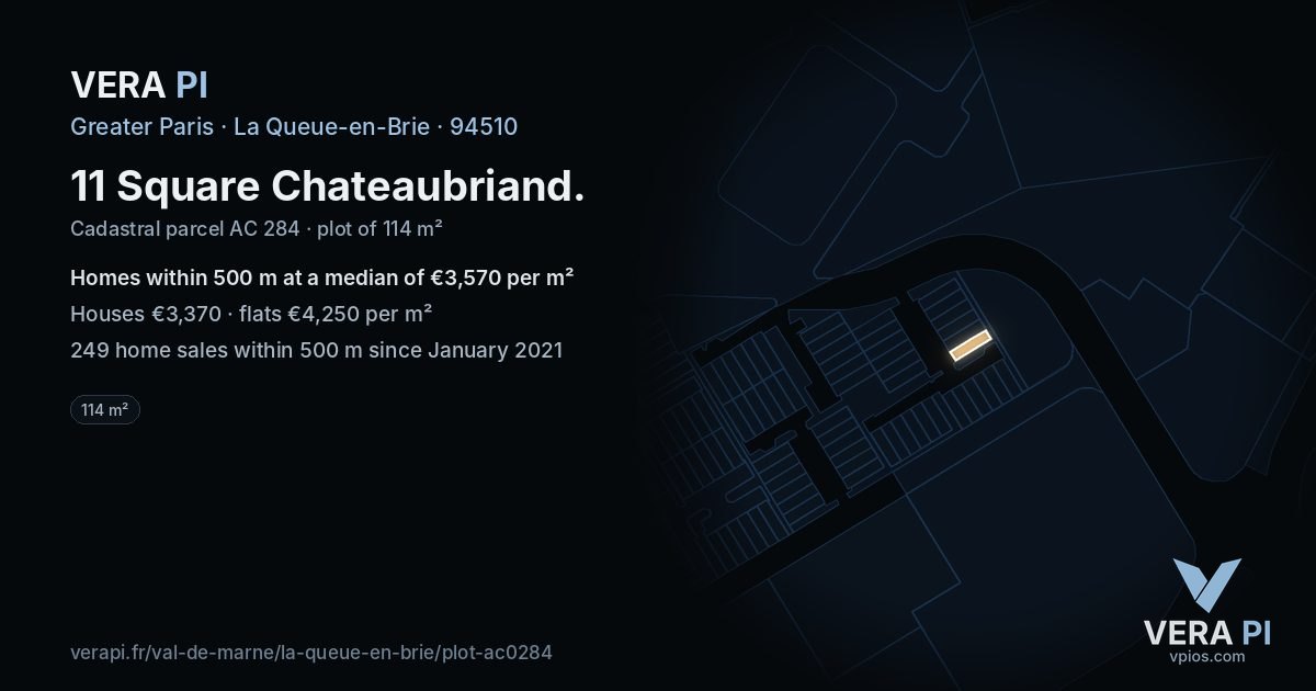 11 Square Chateaubriand, La Queue-en-Brie at night – the plot lit, the parcels around coloured by the prices near them