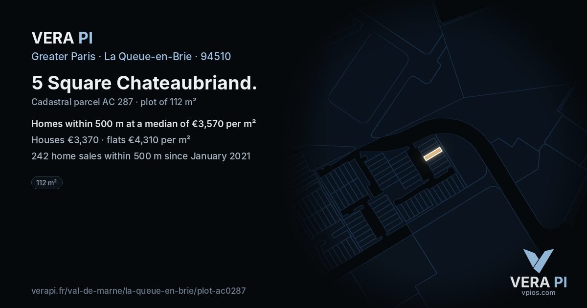 5 Square Chateaubriand, La Queue-en-Brie at night – the plot lit, the parcels around coloured by the prices near them