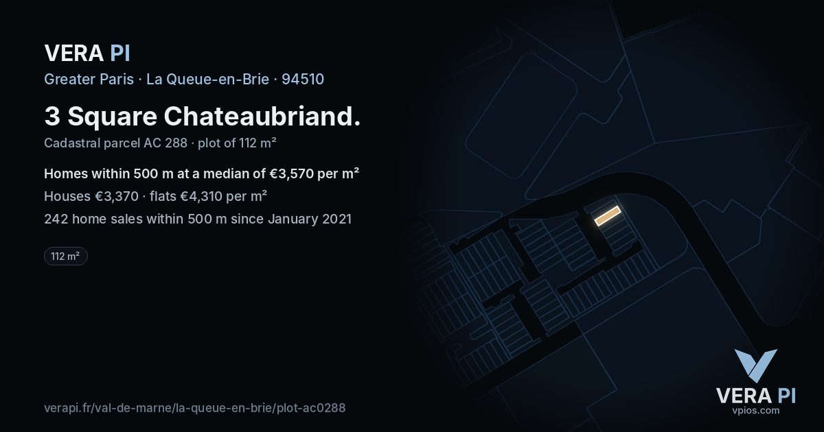 3 Square Chateaubriand, La Queue-en-Brie at night – the plot lit, the parcels around coloured by the prices near them