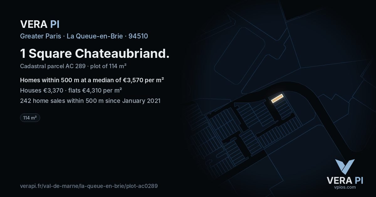 1 Square Chateaubriand, La Queue-en-Brie at night – the plot lit, the parcels around coloured by the prices near them