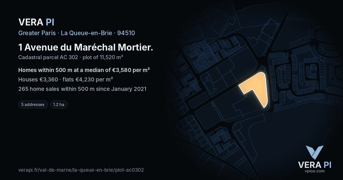 1 Avenue du Maréchal Mortier, La Queue-en-Brie at night – the plot lit, the parcels around coloured by the prices near them