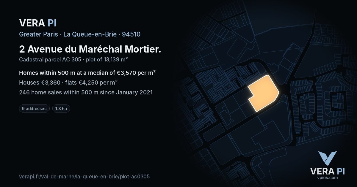 2 Avenue du Maréchal Mortier, La Queue-en-Brie at night – the plot lit, the parcels around coloured by the prices near them