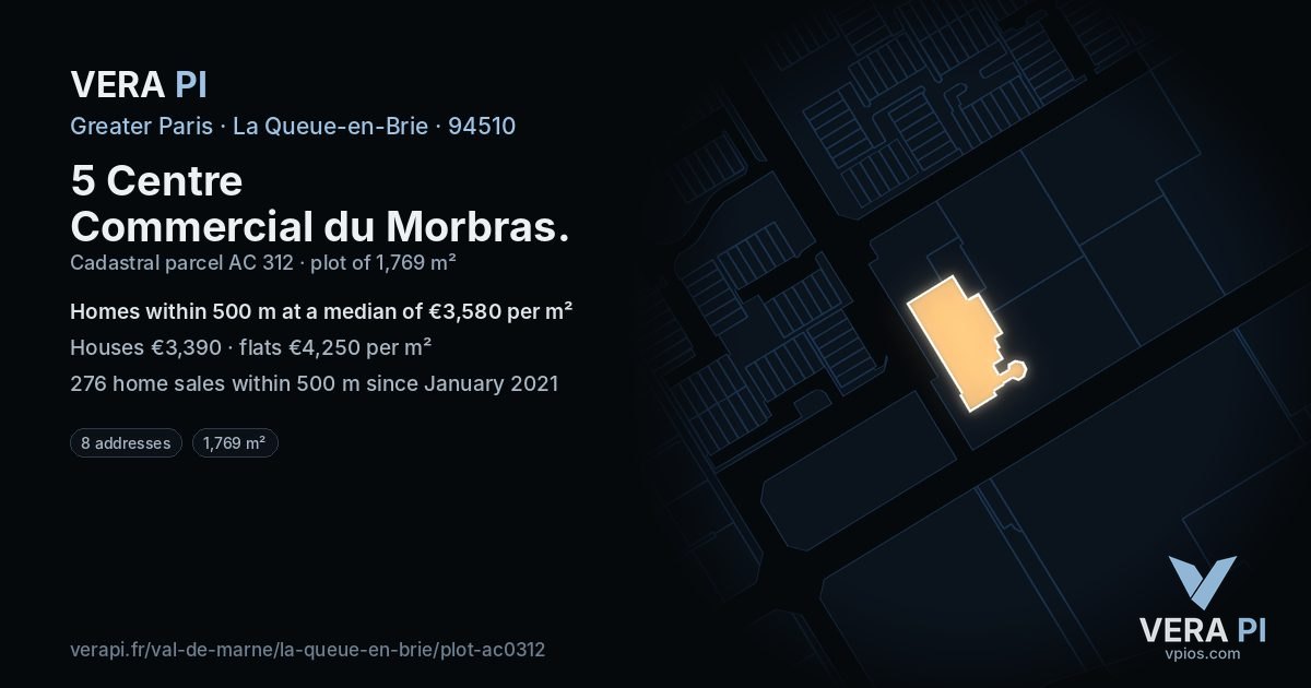 5 Centre Commercial du Morbras, La Queue-en-Brie at night – the plot lit, the parcels around coloured by the prices near them