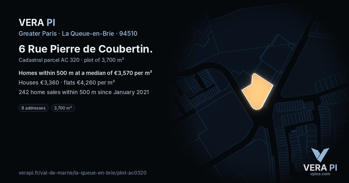 6 Rue Pierre de Coubertin, La Queue-en-Brie at night – the plot lit, the parcels around coloured by the prices near them