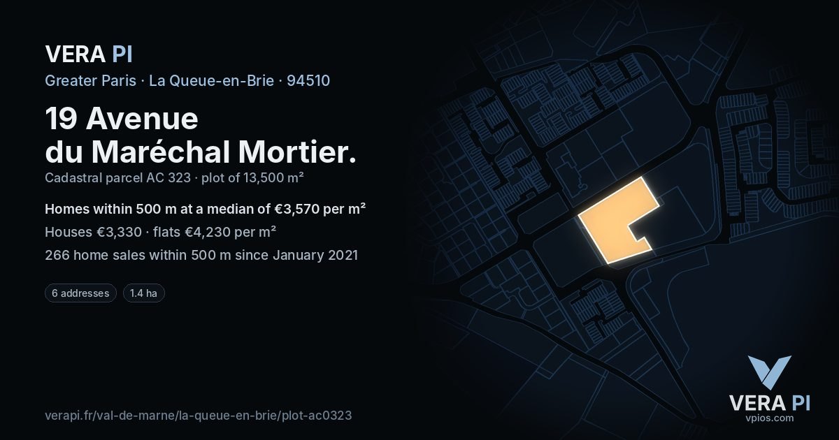 19 Avenue du Maréchal Mortier, La Queue-en-Brie at night – the plot lit, the parcels around coloured by the prices near them